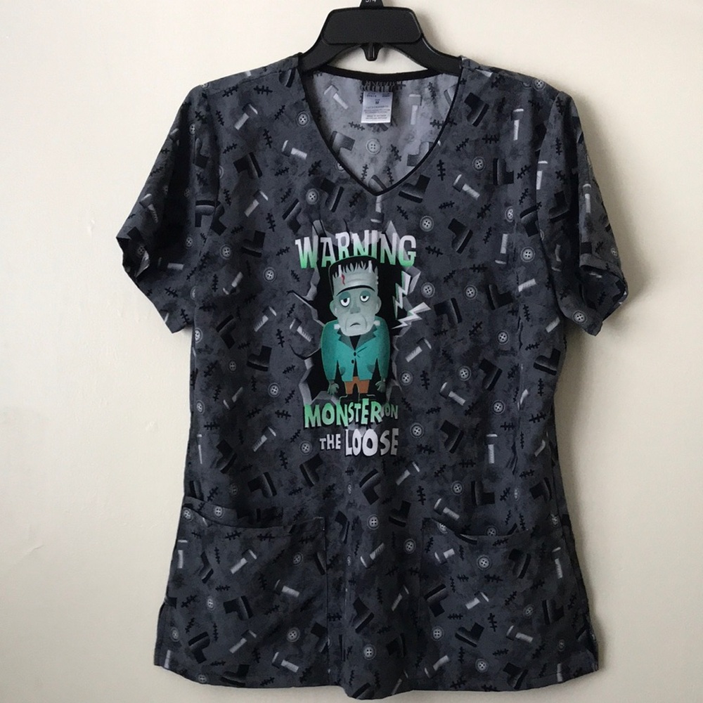 Gray Halloween Monster Scrub Top with Green Graphic size M